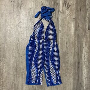 Blue and white sequin halter top with adjustable tie back